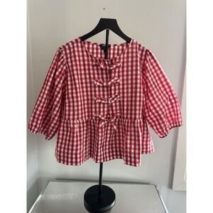 Velvet Heart LA Womens XL Red Gingham Bow Front Peplum Cottagecore Top